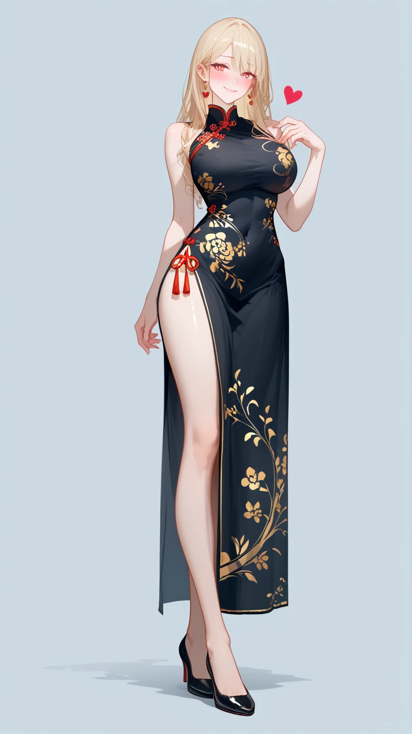 1 Girl,  unique ,  HD, Accurate,  long hair, blond, 头发在眼睛之间,  Big Breasts ,  blush,  has a seductive smile, heart in eye,  Wearing cheongsam， Full Body Photo ， long legs，Black Silk