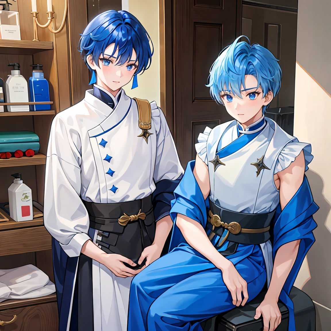  two boys in a medieval washroom( s) talking 。Blue haired and dark haired 。 gorgeous costume 