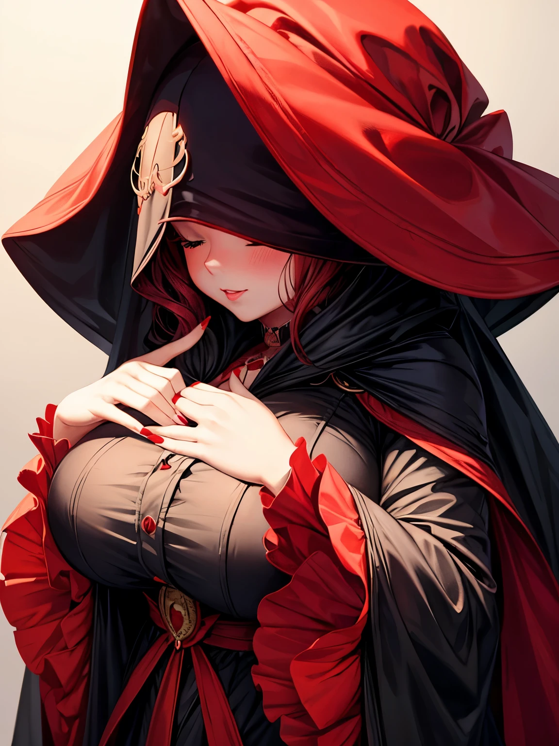 a chubby elegant woman in a red veil covering her eyes, fingers on her lips, long red nails, black background, photo-realistic, high quality, intricate details, oil painting, dramatic lighting, muted colors, mysterious atmosphere
