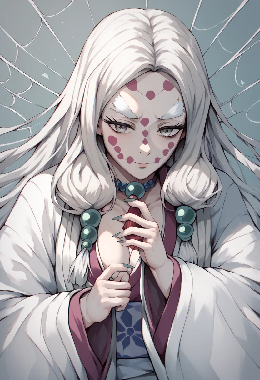 Spider_Demon_Daughter, 1girl, solo, long hair,hair ornament, white hair, japanese clothes, wide sleeves, white kimono, grey eyes, facial mark, silk, spider web print, sandalsdemon slayer spiderdemon slayer spider