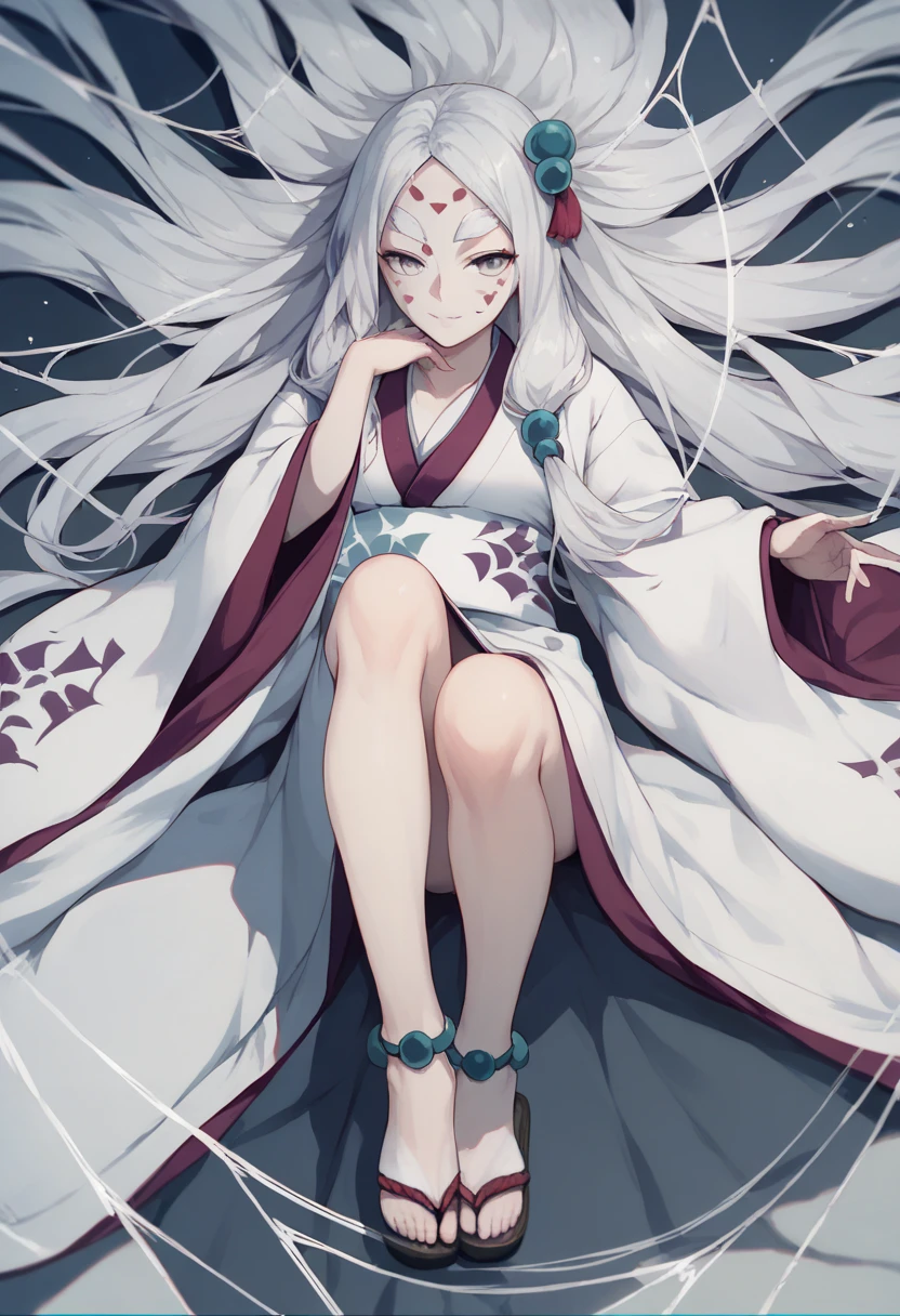 Spider_Demon_Daughter, 1girl, solo, long hair,hair ornament, white hair, japanese clothes, wide sleeves, white kimono, grey eyes, facial mark, silk, spider web print, sandals