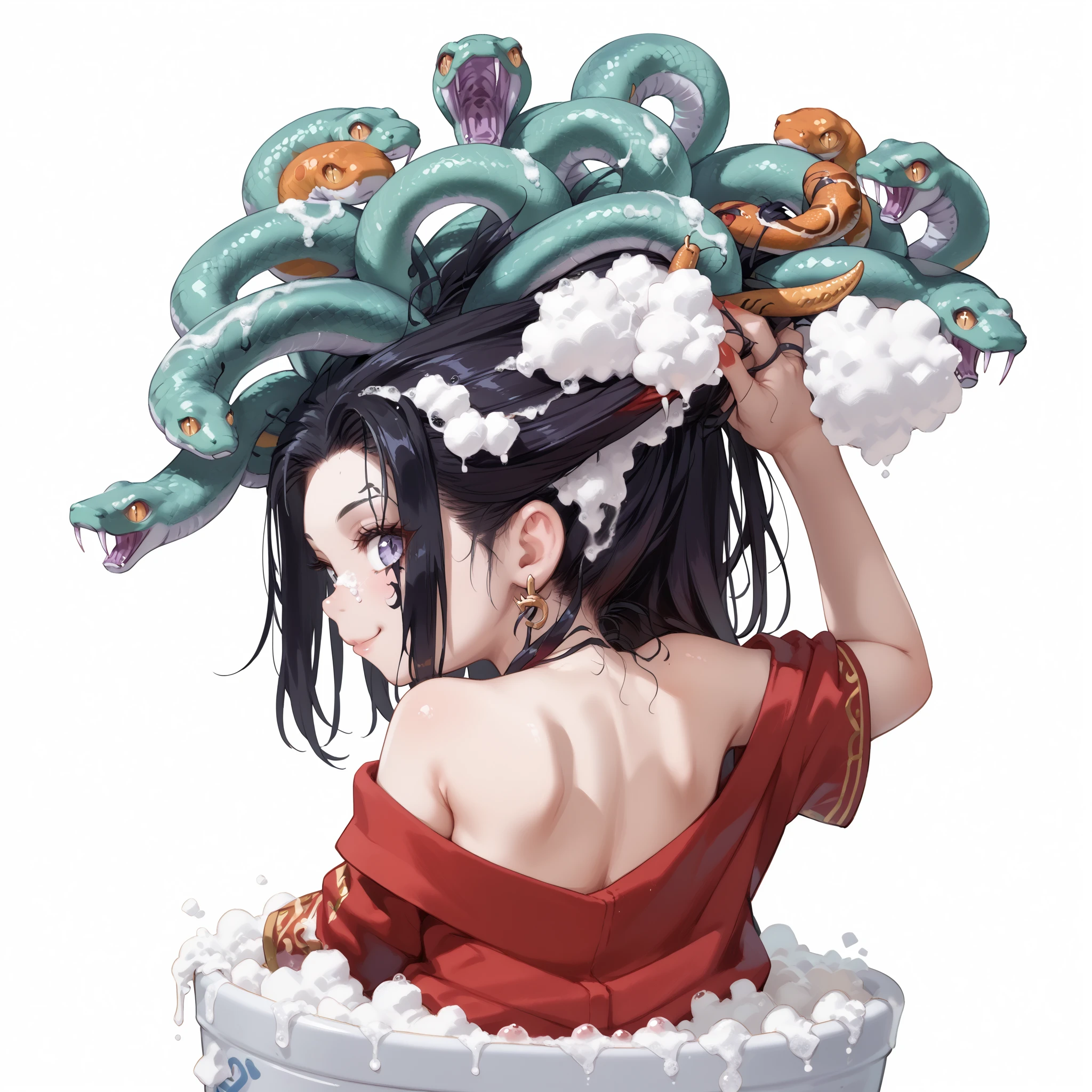 Japanese anime style illustration, 01sh, , nude, Medusa_KI
snake hair, cute girl smiling, Junior high school girl, head of hair all numerous snakes, from behind, looking back at viewer, 
washing head with shampoo foam, spread fingers, hands on hair, finger on hair, (large amount of foam in head of hair, snakes covered in foam, snakes with pained face) ,bust up angle, simple Background,
