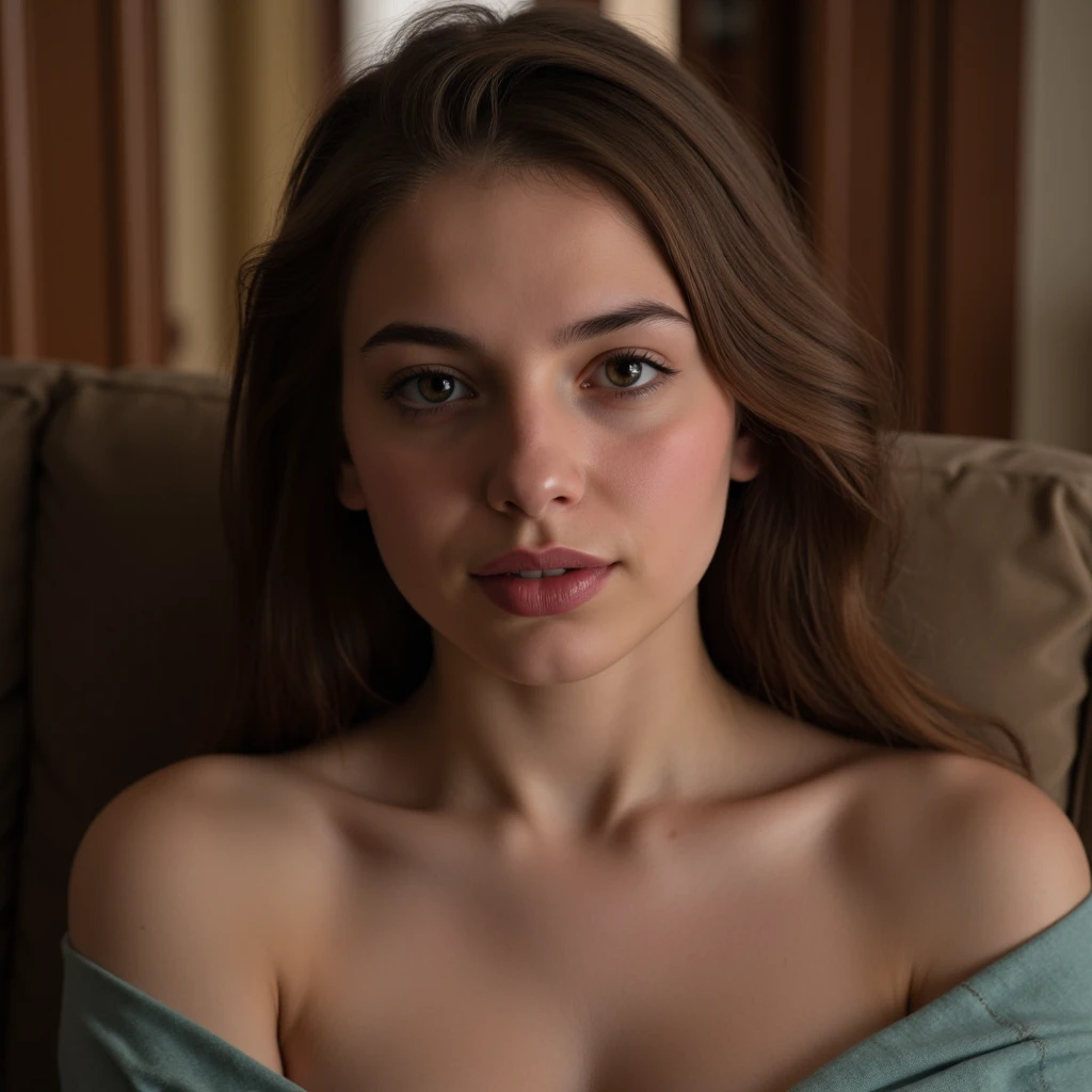 portrait photo, Foto hiperrealista en primer plano de Willa Fitzgerald,masterpiece, best quality, (photorealistic:1.4), portrait photo, blue blouse, night in living room, during the night, dark night, during night, cinematic light, beautiful woman, skinny, small breasts, straight brown hair, detailed face, photo taken from a distance, age 25 years old