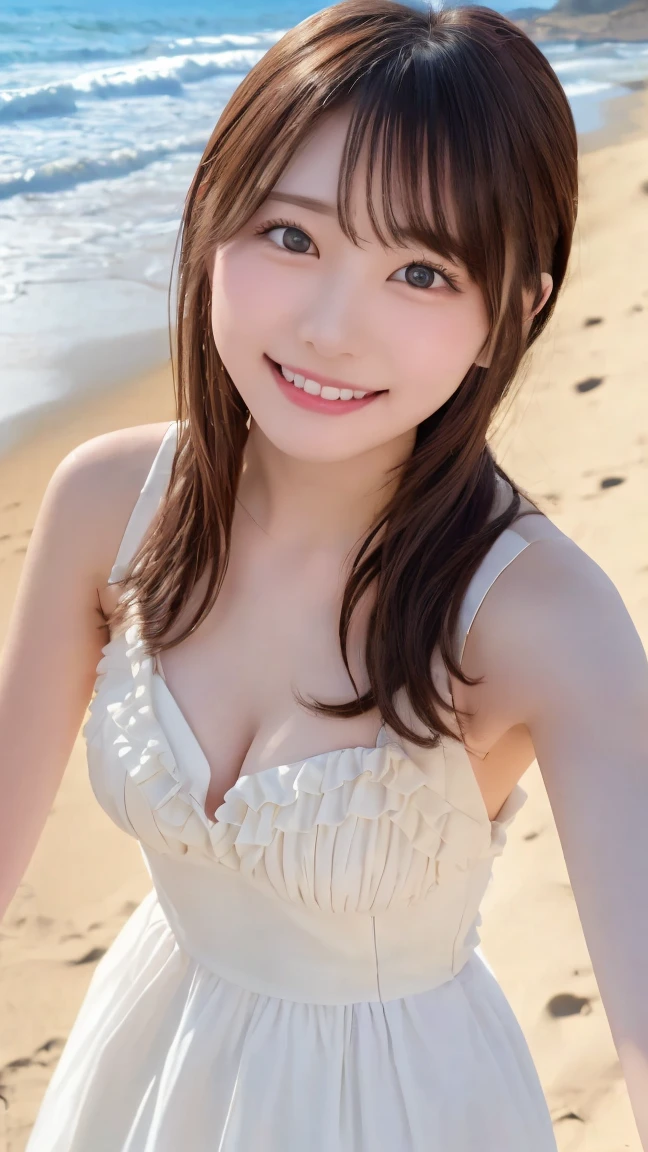   top quality  , ( beautiful)、 beautiful女性、solo、1 person、Precision Eyes、  medium hair 、 smiles、dress with lots of frills、 upper body、Shoot from above、 Beach 、