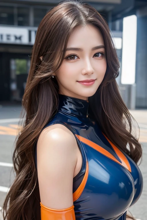 ( 1 ultimate beauty)、Perfect dynamic composition of a beautiful and beautiful woman 、 Super Detailed Color、 detailed lips 、 detail eyes、 double eyelids、 long brown hair, (( smiling with her mouth open ))、((huge breasts))、( Dark Blue and Orange Latex Racing Queen Outfit)、Accurately,  the depth of the written border、 perfect image realism , background:((Motorsport Race Track ))、Detailed background,   attention to detail in the costume,  perfect lighting、 hyperrealism 、 photorealistic、Maximum resolution 8K, (masterpiece),  very detailed、face-closeup、
Huge 、  long brown hair 、Sparkling,  oily skin 、 growing skin 、 white skin、Flying debris,  top quality ,  realistic ,  very detailed, finely,  high res, 8k Dende wallpaper,  beautiful women,, Light brown,  tousled hair,  Sharp Focus,  perfect dynamic configuration in front of the room's entrance door,  Beautiful details , Detailed hair , Detailed  realistic  skin texture, smile, close up portrait,  model body type 、face-closeup
