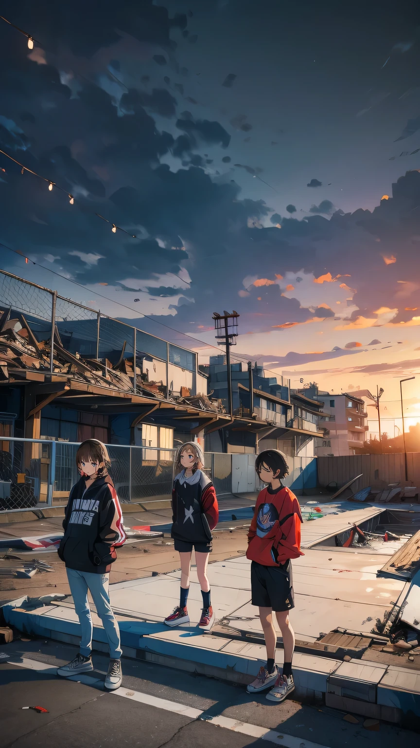 “A group of young skaters standing in front of a demolished skatepark, staring in disbelief at the rubble where their ramps and rails once stood. The area is cordoned off with construction tape, and bulldozers are seen in the background. Some of the skaters hold protest signs, while others look determined to fight back. The setting is somber, with dark clouds overhead, creating a tense and emotional atmosphere.”
