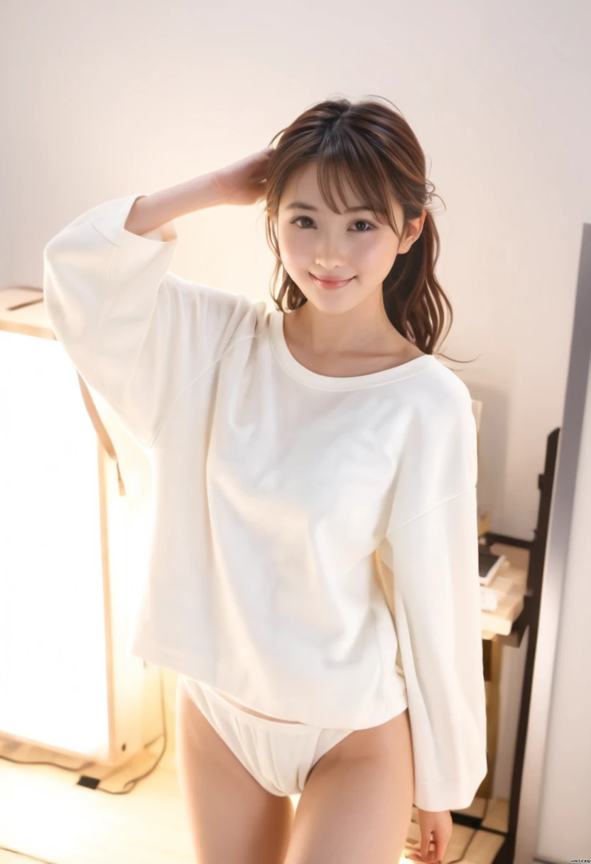 Asian woman in arafe in white sweater and blue panties posing for photo, wearing sweater, Wearing a sweater, Wearing a white sweater, White sweater, Young Sensual Gravure Idol, Young skinny gravure idol, Japanese Models, Young Pretty Gravure Idol, zora々Shishi Japan of Girls, fluffy body, Wearing blue panties、Medium Long Hair、