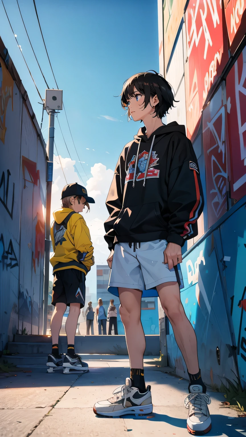 “Two skaters facing off in an emotionally charged conversation at a skatepark. One, a determined young skater holding his skateboard tightly, stands tall and defiant, while the other, an older and more experienced skater, speaks with frustration. The setting is gritty, with graffiti-covered walls, and the air is thick with tension. In the background, other skaters watch the confrontation from a distance, adding to the dramatic atmosphere.”