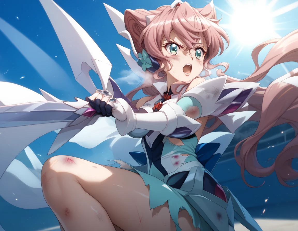  top quality ,  soft light during the cruise,  super high res,  cute, Beautiful face in every detail , High Resolution Details of Human Skin Textures, Shiny Skin,sweat,Heat, white breath ,Take a deep breath, Maria Kadenzavna Eve, pink hair,, battle costume,Outdoor Arena,sunlight, serious eyes,Ready,Big eyes, Symphogear ,armed gear , open mouth ,Fighting pose,bruised body, hair ornament, torn clothes , long hair, has weapons,whole body,night, beautiful legs