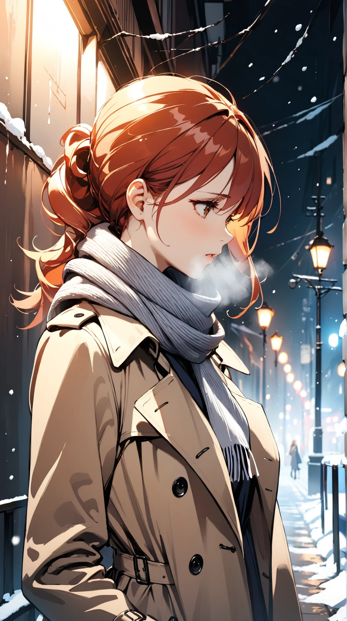 1girl, trench coat, scarf, looking away, cold breath