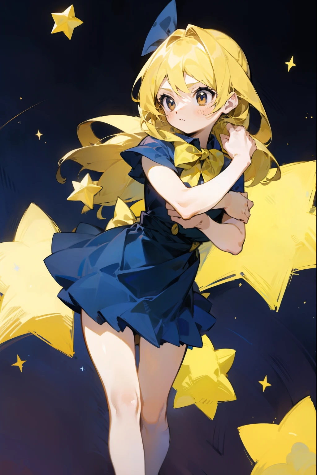 one girl、 1 girl, are expressionless、Fantastic look、Fairy, masterpiece, top quality , high res,, 1 girl, thighs、 crouching 、 Alone, Golden Hair , blue bow , long hair , サイハイブーツ、 blue skirt, dark background , starlight, star,starをすくう、 thighs、 crouching 、 with little pubic hair、 I'm crouching and looking at me