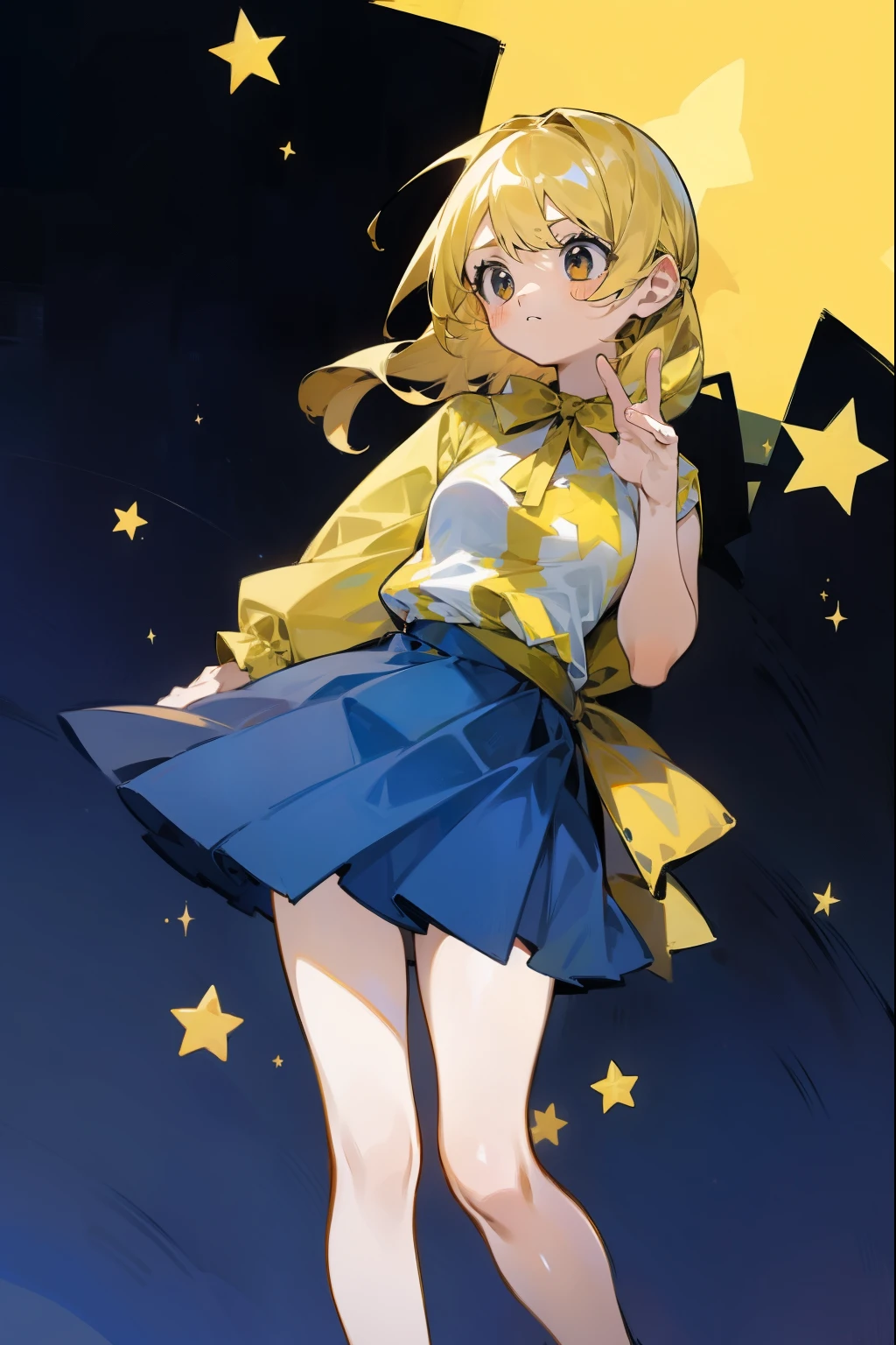 one girl、 1 girl, are expressionless、Fantastic look、Fairy, masterpiece, top quality , high res,, 1 girl, thighs、 crouching 、 Alone, Golden Hair , blue bow , long hair , サイハイブーツ、 blue skirt, dark background , starlight, star,starをすくう、 thighs、 crouching 、 with little pubic hair、 I'm crouching and looking at me