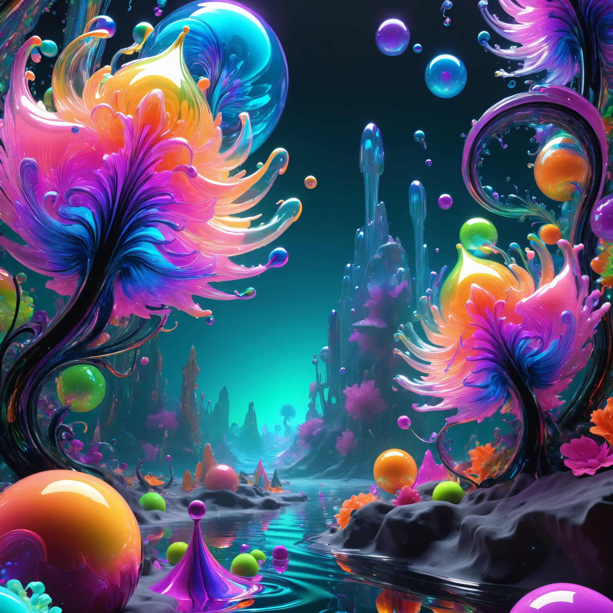 a psychedelic digital art,ultra-detailed vibrant fluorescent neon colors,intricate rainbow glass-like environment,shimmering glass bubbles morphing out of swirling colors,glowing light and reflection,4d mandelbulb psychedelic landscape,bright overexposed backlighting with depth of field,award winning masterpiece,pixel art,portrait photography,photorealistic,hyperdetailed,glass morphism,sparkle,optical illusion,rotational symmetry,best quality,8k,ultra-fine detailsWithin the black of the abyss, intense bright, colorful, perfectly symmetrical glass spheres containing the glowing light of acidzlime within the glass. Smaller glass orbs beneath that melt and drip vibrant colorful symetrical patterns that cover the ground and merge together in a quilt of intricate and complex designs. High fantasy, magical effects,Portrait photography, cinematic photography, photorealistic UHD, intricate, complex, attention to detail, optical illusions, unique patterns and designs, avant garde, masterpiece. Light is emerging from colors in a psychedelic dream, shimmering glass morphing out of colors, tripped out vibrant colors, perfectly formed beautiful reflective bubbles, attention to detail on the bubbles and spheres, beautiful psychedelic digital art, pixel art, trippy colors, 4d mandelbulb psychedelics, glass like psychedelic landscape, intricate rainbow environment, psychedelic underwater brightness, neon colors, bright  colors, psychedelic trip, fluorescent psychedelic aesthetic, psychedelic vibrant colors, bright psychedelic neon colors, paint splattered backgrounds,swirling spirals and vortex, bright vibrant colors popping out from 3d glass spheres, Pixel Assets, Portrait photography, surrealism, Photorealistic, Hyperdetailed, Glass Morphism, Digital Art, Sparkle, Optical Illusion, Glowing Light, Reflection Light, Overexposure, Backlighting, Depth Of Field, Rotational Symmetry, UHD, High Details, High Quality, Super Detailed, Best Quality, Award Winning, Masterpiece.   