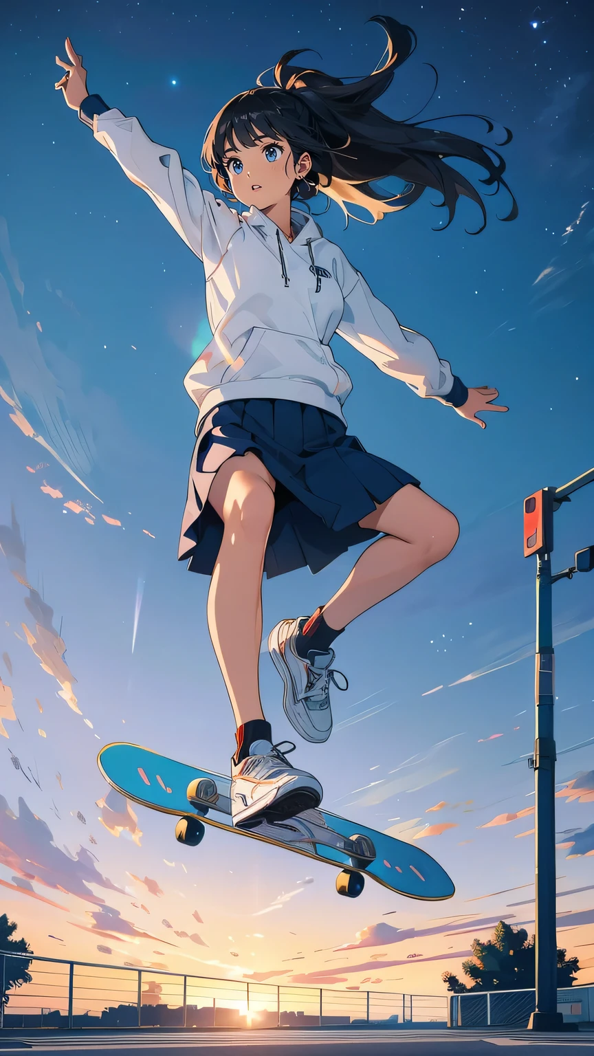 “A girl in mid-air, performing a daring trick on her skateboard in an empty parking lot. The scene captures the moment of suspense before landing, with her arms outstretched for balance. The parking lot is lit by fading evening light, and her expression is one of intense focus and determination. The background is minimal, with distant streetlights and a few parked cars, highlighting her solitary but bold effort.”