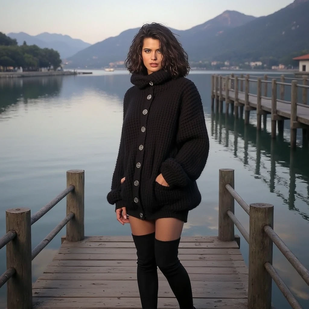 an Italian woman wearing a warm long sleeve black long crocheted wool cardigan with big buttons and black Extra Long Thigh High Socks is standing on a large jetty at the water of a lake in Italy, late afternoon, temptation, desire,,photorealistic, photorealism: 1.4), 1girl, high quality, detailed features, (photorealistic, photo-realistic, realistic 1.45), 4k, 8k, highres, (indirect gaze: 1.9), (full body: 1.4), high quality, Nikon D850A, cinematic photo, 8k, 85mm medium format photo beautiful hyperrealism hyperdetailed, photorealistic