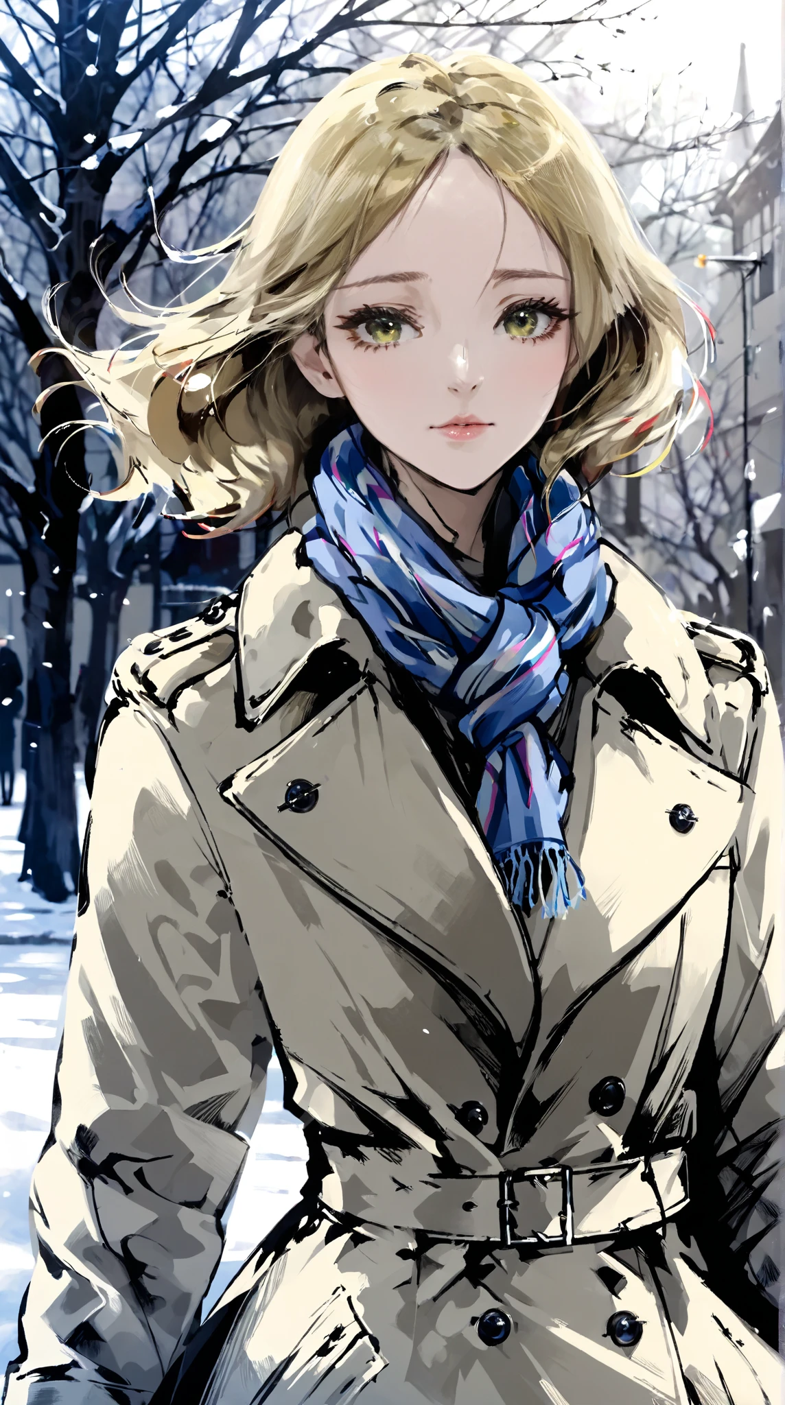 1girl, trench coat, scarf, looking away, cold breath