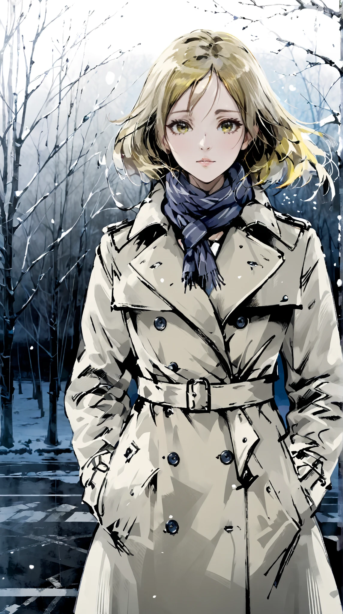 1girl, trench coat, scarf, looking away, cold breath