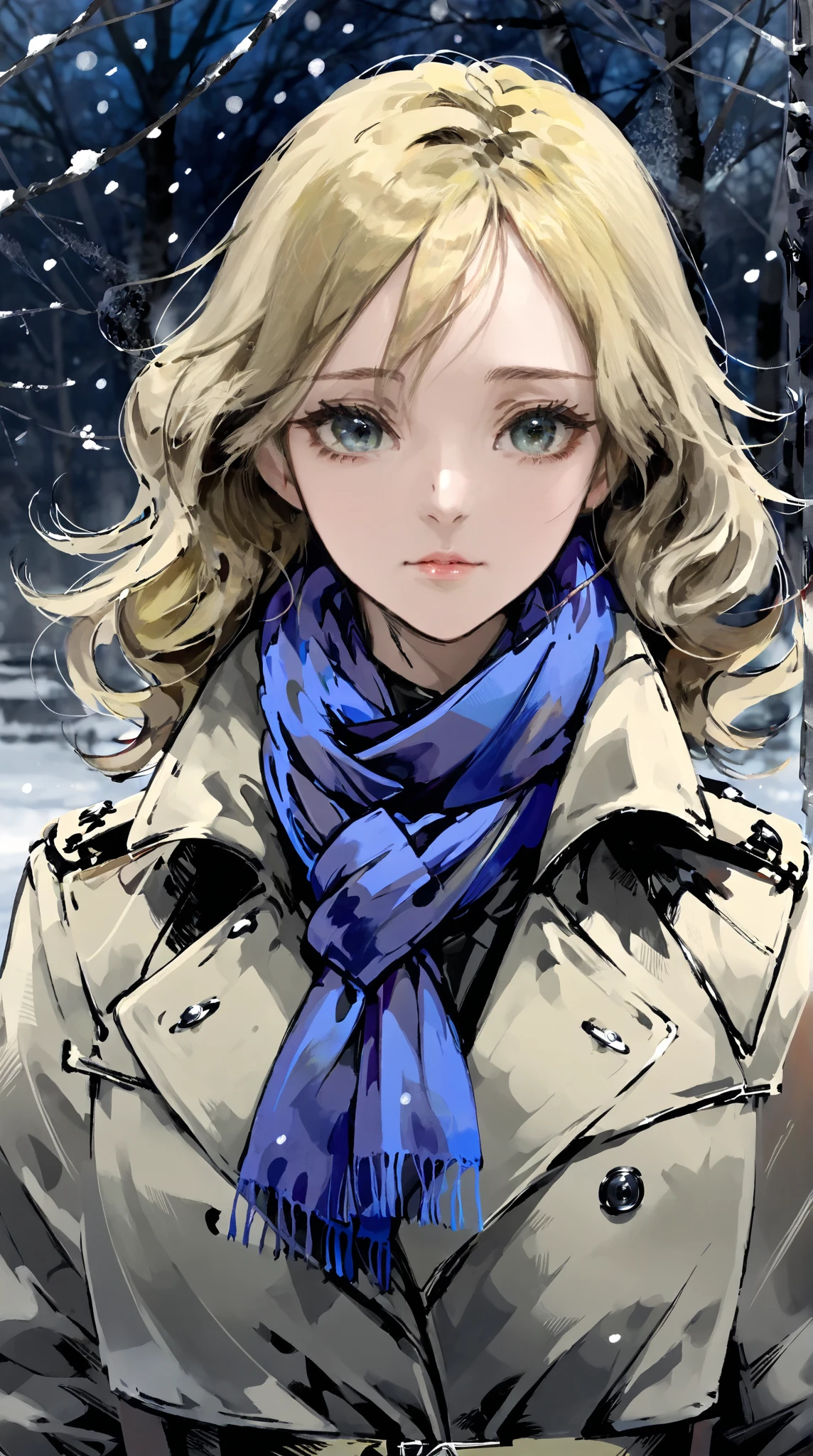 1girl, trench coat, scarf, looking away, cold breath