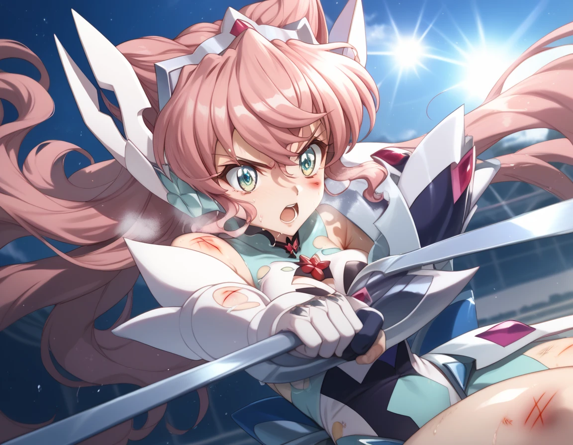  top quality ,  soft light during the cruise,  super high res,  cute, Beautiful face in every detail , High Resolution Details of Human Skin Textures, Shiny Skin,sweat,Heat, white breath ,Take a deep breath, Maria Kadenzavna Eve, pink hair,, battle costume,Outdoor Arena,sunlight, serious eyes,Ready,Big eyes, Symphogear ,armed gear , open mouth ,Fighting pose,bruised body, hair ornament, torn clothes , long hair, has weapons,whole body,night, beautiful legs