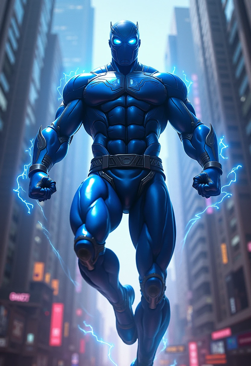 The sight of a 100 feet tall blue skinned Giant amidst many people, the giant was topless, blue skinned, yellow eyes, (one piece style art), full body version, background in town, in evening, Giant is male, is bald hairstyle, muscle, in night