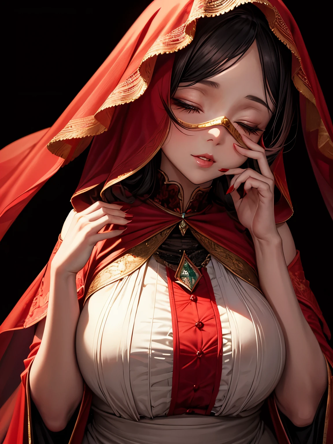a chubby woman wearing a red veil covering her eyes, placing fingers on her lips, long bright red nails, solid black background, elegant, refined, serene, graceful, high quality, photorealistic, 8k, hyperdetailed, studio lighting, dramatic lighting, dramatic contrast, dramatic colors, cinematic, oil painting, impressionistic