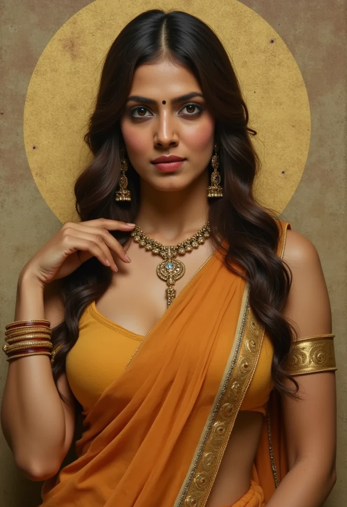  14th century old painting of  beautiful Indian goddess, traditional clothes, no bra or blouse underneath,exposed breasts,  gold ornaments, medium natural breast, stretching forwards sweat over forehead and chest, sensuous look towards the camera , sweaty, moist, 