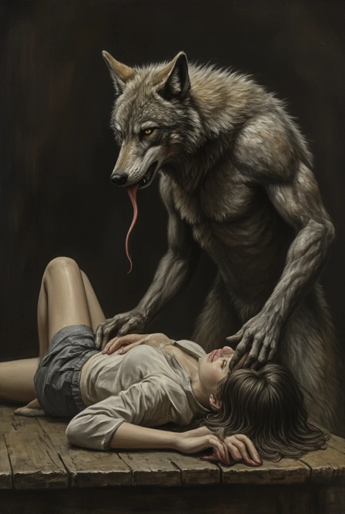 Anthropomorphic wolf man , standing near a wooden table looking at a girl lying on the table, holds the girl's left leg with her left hand, with your right hand, smooth the belly of an unconscious girl lying on the table, licks the girl's face with her long tongue.