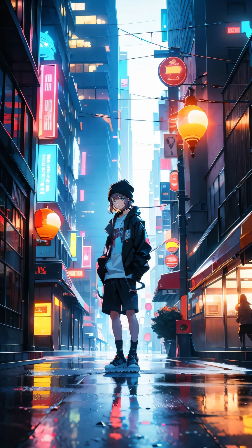 “A lone skater practicing under a flickering streetlight on a deserted city street at night. The skyscrapers in the background are illuminated by neon signs and glowing windows. The ground glistens from recent rain, and the sound of the skateboard echoes in the empty streets. The skater’s silhouette contrasts sharply against the vibrant city lights, creating a feeling of solitude and determination.”