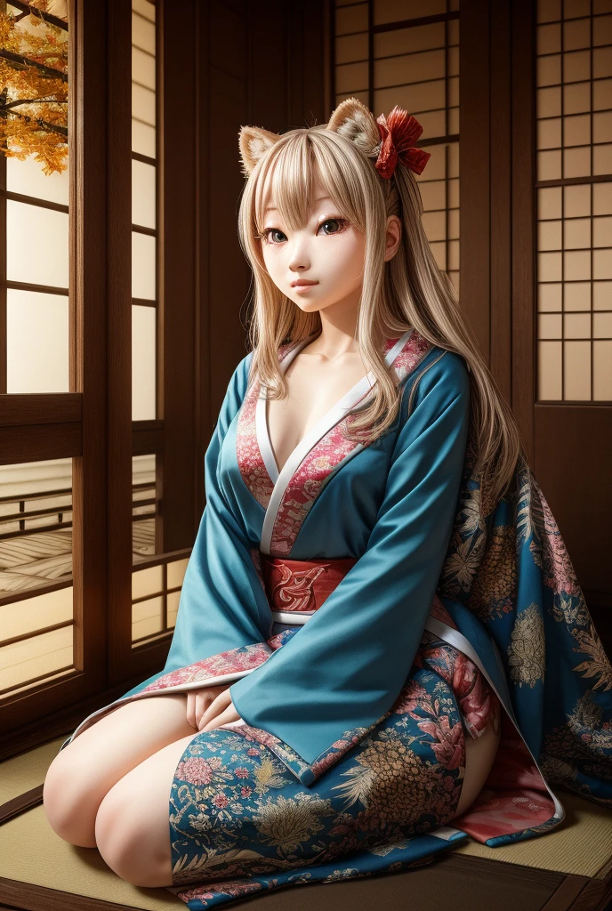 A Japanese woman is seated in a kimono。Japanese-style room。