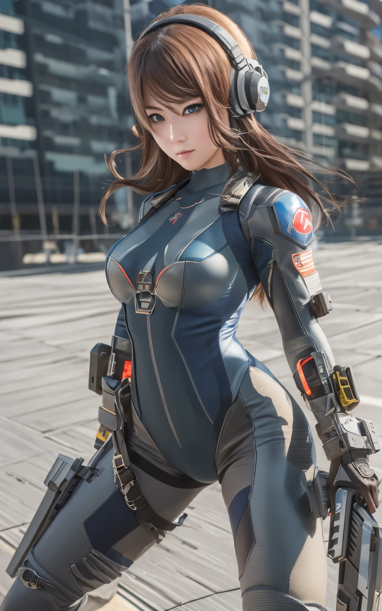 ((Best Quality)), ((masutepiece)), (Detailed: 1.4), (Absurd), Caucasian female fighter pilot ready for war, front walking, muscular sculptural body defined, Closed mouth, muscular body covered by technological clothing, Cyberpunk, ((perfect large breasts)), (blue eyes without pupils), long manga-style eyelashes, close to real, Crazy face, Sexy Pose, Centered, scale to fit the dimensions, nffsw (High dynamic range),Ray tracing,Hyper-Resolution,Unreal 5,Subsurface Dispersion, PBR Texture, Post-processing, Anisotropy Filtering, depth of fields, Maximum clarity and sharpness, Multilayer textures, Surface Shading, accurate simulation of light and material interactions, Perfect proportions, thirds rule, top-quality, ultra-detailliert, Being on the roof of a skyscraper, Smooth bodysuit, spiffy zero suit