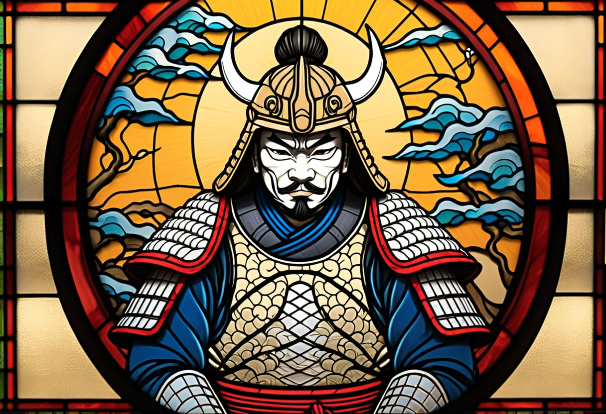 Close up of a stained glass window depicting a samurai, Vector art inspired by Tawaraya Sotatsu , behance contest winner, Ukiyo-e,  Samurai God Wearing Koi Armor ,   high definition official artwork  , Japanese painting style,  God of AI Art ,  Stained Glass Art ,  stained glass style,  Feudal Japanese Art , Japanese God