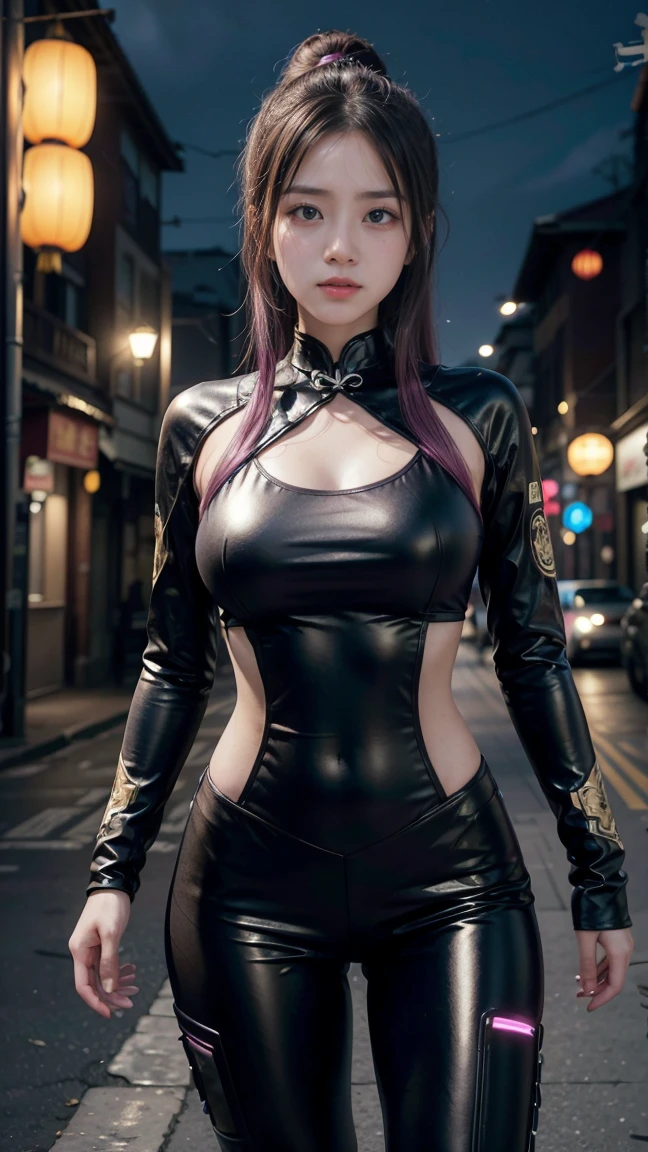 1girl, Tokyo street,night, cityscape,city lights, upper body,close-up, 8k, RAW photo, best quality, masterpiece,realistic, photo-realistic,headgear of red rose, parted bangs, short hair,