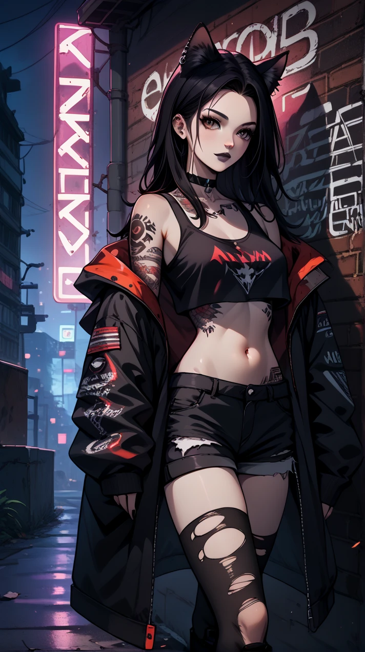 goth girl, cat girl,  chest tattoos, covered in tattoos, neck tattoo, shoulder tattoo, arm tattoos, black hair,medium breast, pinup pose, (oversized jacket, hands in sleeves, jacket, off the shoulder jacket, ((crop top, loose crop top)), (short demi shorts), black torn leggings in combat boots), BREAK, dark, at night, outdoors, in city, outside nightclub, leaning against wall, neon signs, night Goth girl, Goth girl 1girl Cat girl, score_9,score_8_up,score_7_up,highres, masterpiece,