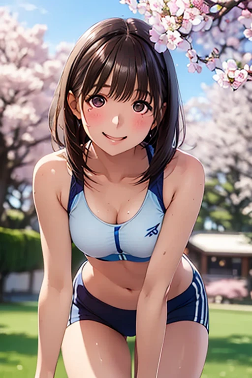 masterpiece,highest quality,High resolution,Very detailed,

One girl,Shiny brown hair, short hair, Brown eyes、smile、,Play sports often,
Sports Bra、Blue Buruma,Outdoor,cherry blossoms,smile,Sweat,Leaning forward,hand_upon_Own_knees,