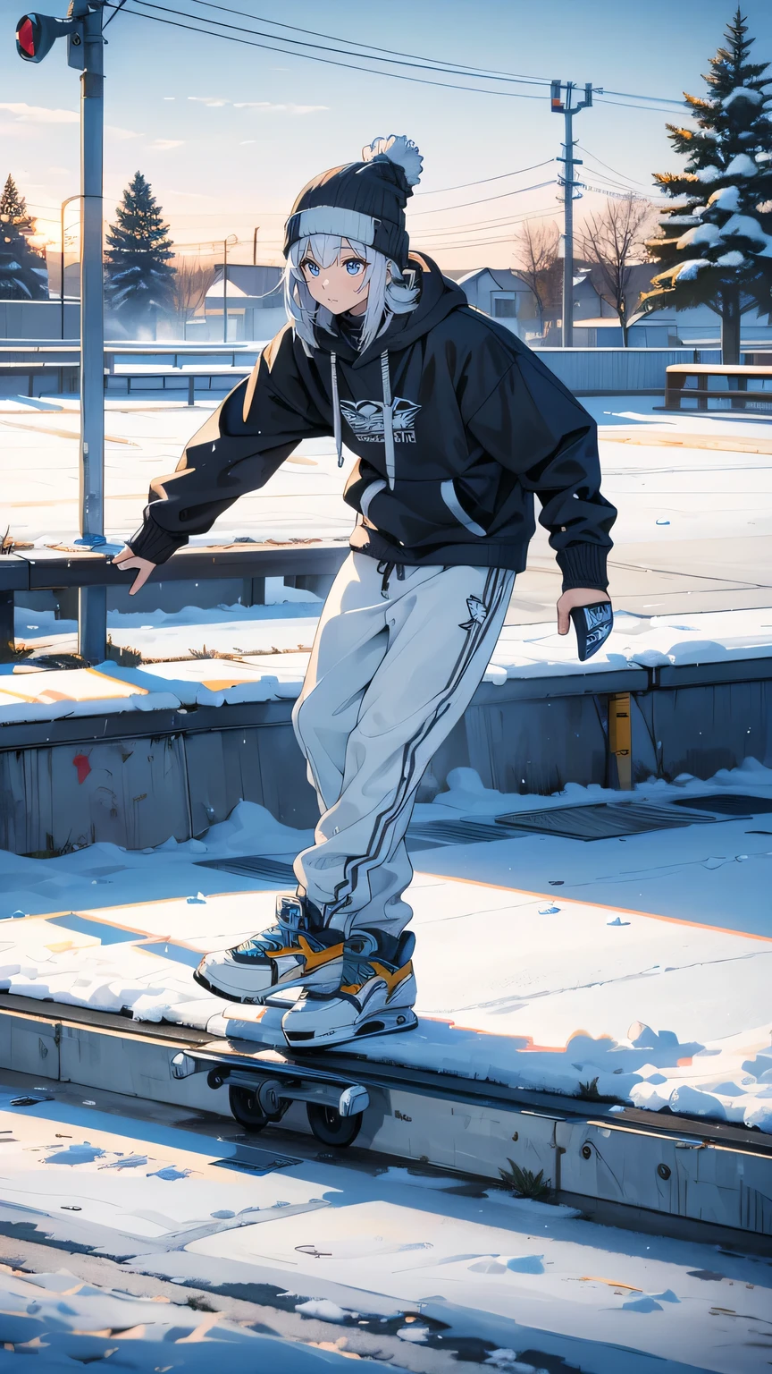 “A snowy skatepark in the early morning, with frost clinging to the ramps and rails. The sky is a pale gray, and the cold air is visible in the skaters’ breath. A few young skaters in heavy hoodies and beanies attempt tricks despite the chill, their boards leaving faint marks on the icy concrete. The quiet park contrasts with the skaters’ spirited energy, creating a mix of tranquility and determination.”