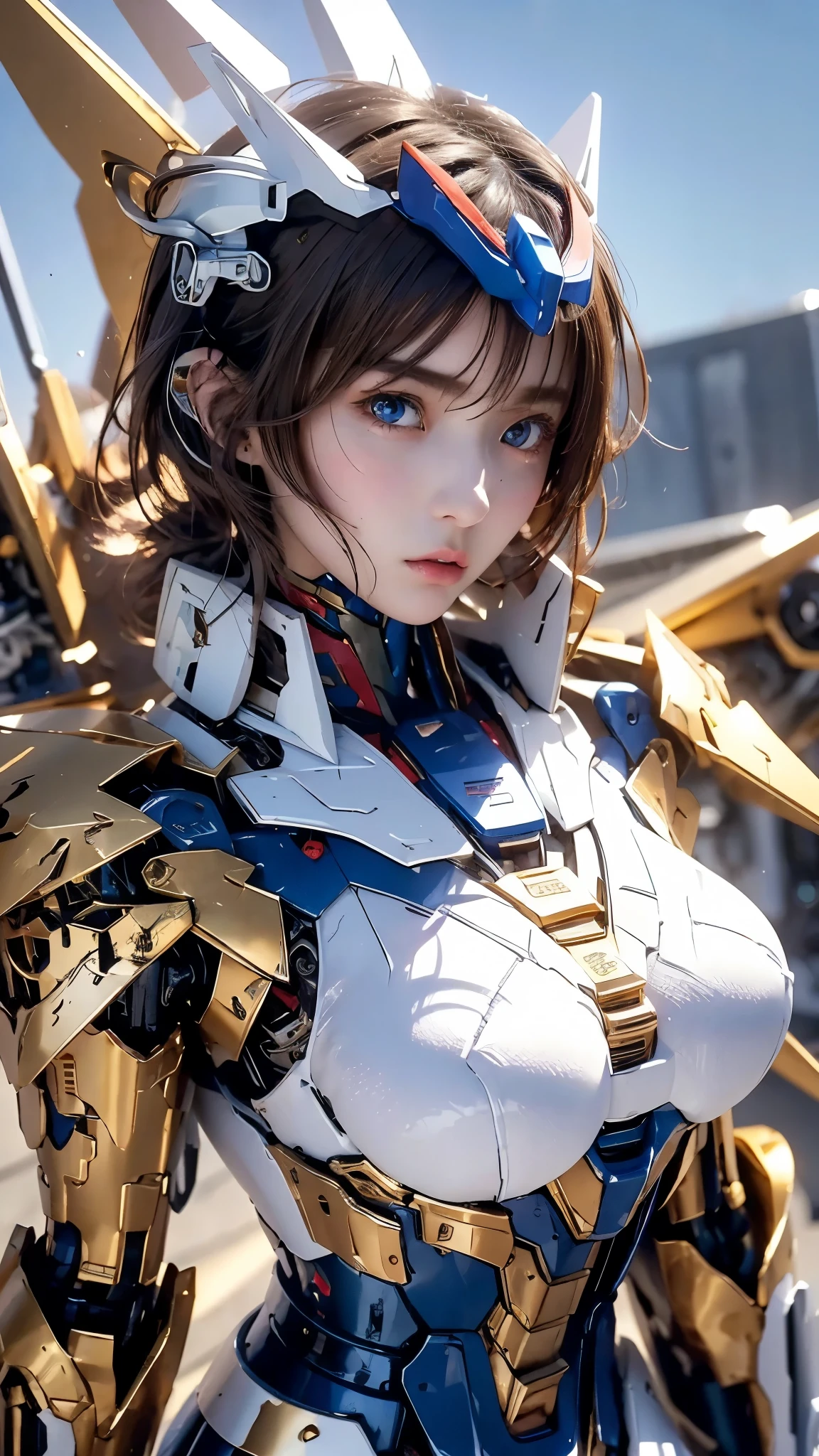 textured skin , super detailed , attention to detail, High Quality , 最 High Quality , high res, 1080P, hard disk , beautiful,(Gundam Girl), beautifulサイボーグの女性, mecha cyborg girl,BATTLE MODE,Japanese girl with a machine body 、Moderate bust、 black hair、 shortcuts,She is wearing an old style Gundam mecha 、 white, blue, red, and yellow official body colors、