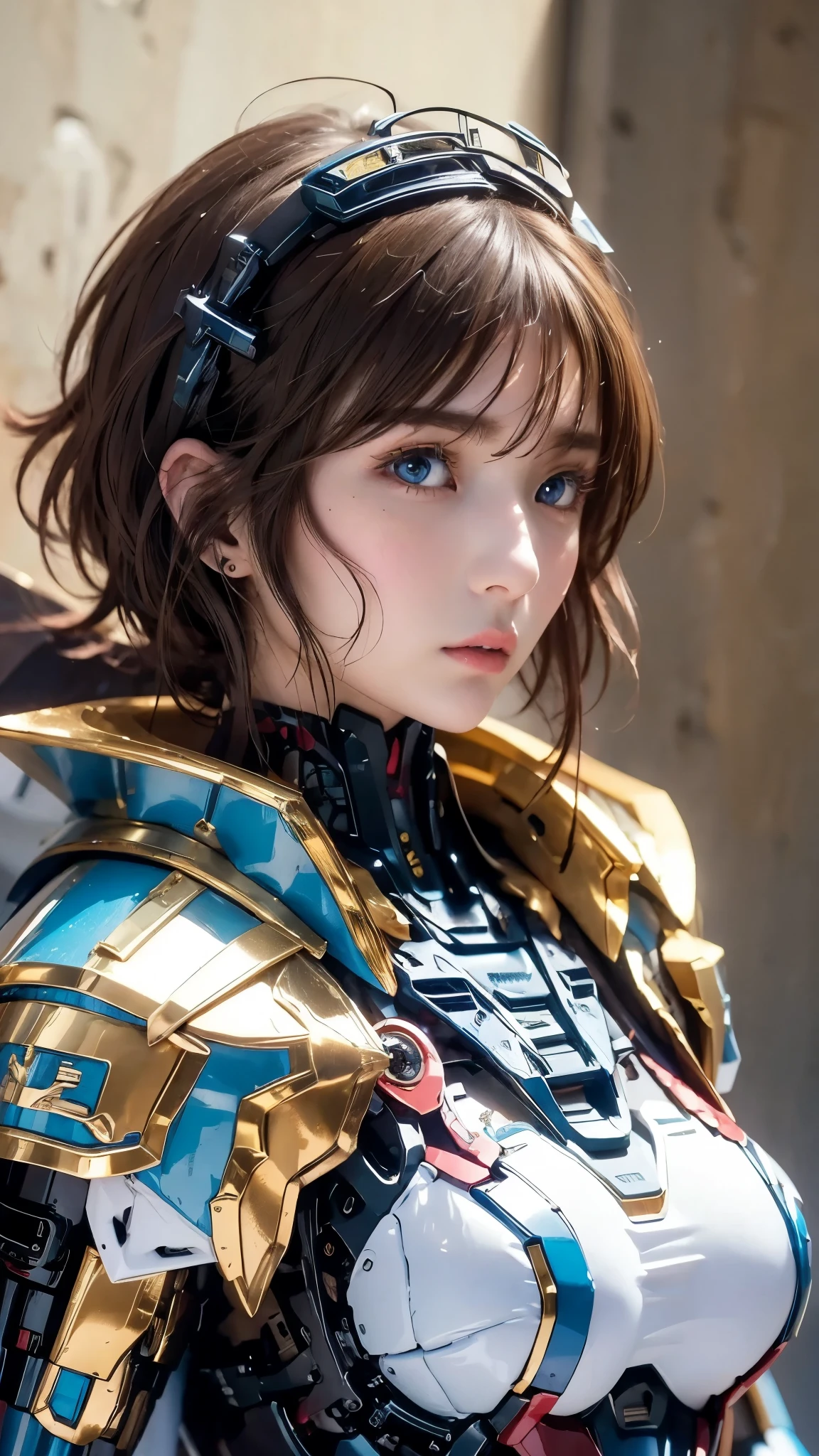 textured skin , super detailed , attention to detail, High Quality , 最 High Quality , high res, 1080P, hard disk , beautiful,(Gundam Girl), beautifulサイボーグの女性, mecha cyborg girl,BATTLE MODE,Japanese girl with a machine body 、Moderate bust、 black hair、 shortcuts,She is wearing an old style Gundam mecha 、 white, blue, red, and yellow official body colors、