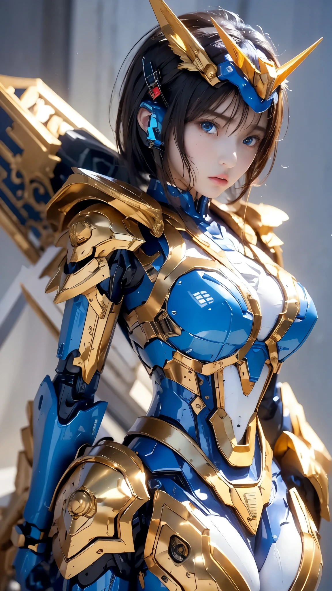 textured skin , super detailed , attention to detail, High Quality , 最 High Quality , high res, 1080P, hard disk , beautiful,(Gundam Girl), beautifulサイボーグの女性, mecha cyborg girl,BATTLE MODE,Japanese girl with a machine body 、Moderate bust、 black hair、 shortcuts,She is wearing an old style Gundam mecha 、White, blue, red and yellow body color、 Fine Decorations 、Glowing Parts 、