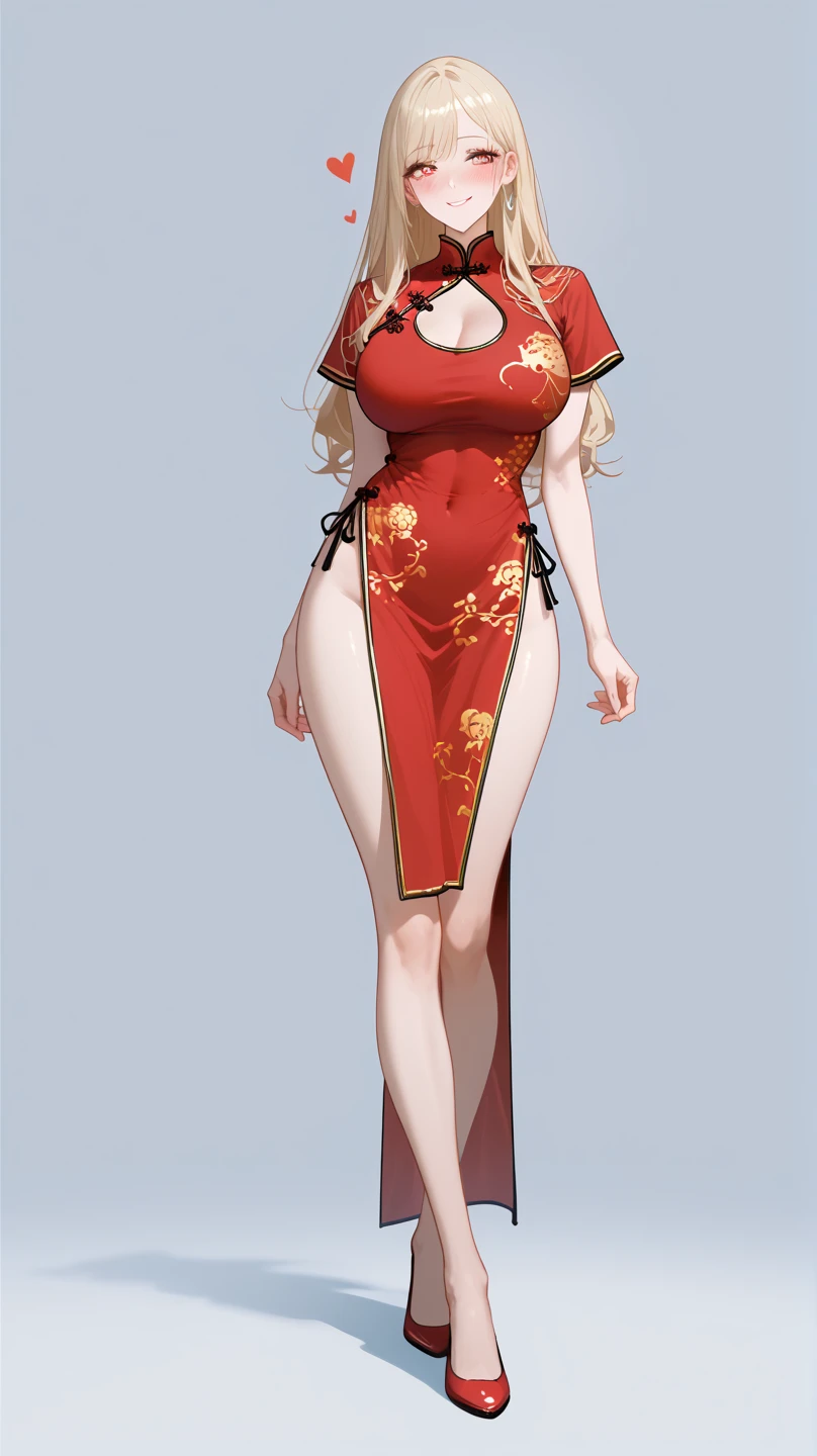 1 Girl,  unique ,  HD, Accurate,  long hair, blond, 头发在眼睛之间,  Big Breasts ,  blush,  has a seductive smile, heart in eye,  Wearing cheongsam， Full Body Photo ， long legs，Black Silk：1.5