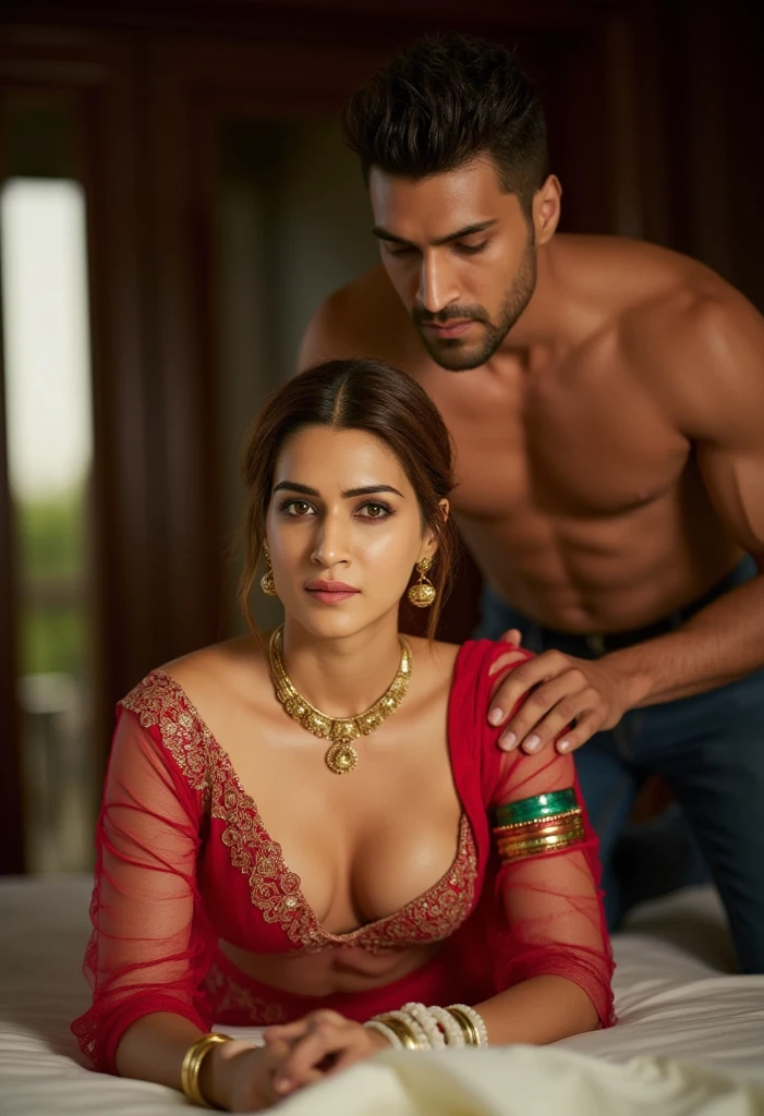 Beautiful princess in indian red gold plated lahenga, necklace, jewelry, hair accessories sleeping with an ancient indian handsome king in Dhoti and no upper garment, ancient indian male jewelry and neck length hair with ancient indian male hair accessories
