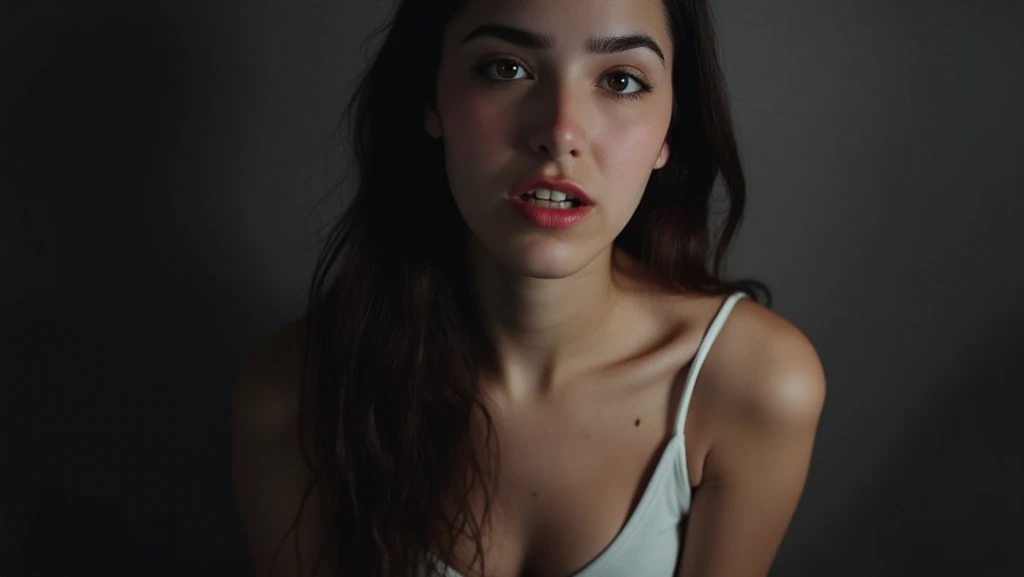 8k, highly detailed, very realistic, perfect, 30-year-old woman, asmrglow, long brown hair, natural eyebrows, bottom heavy lips, long foreteeth, perfect nose, oval face, skinny, hairy arms, topless, upper body, close to the camera, standing, nipple covers