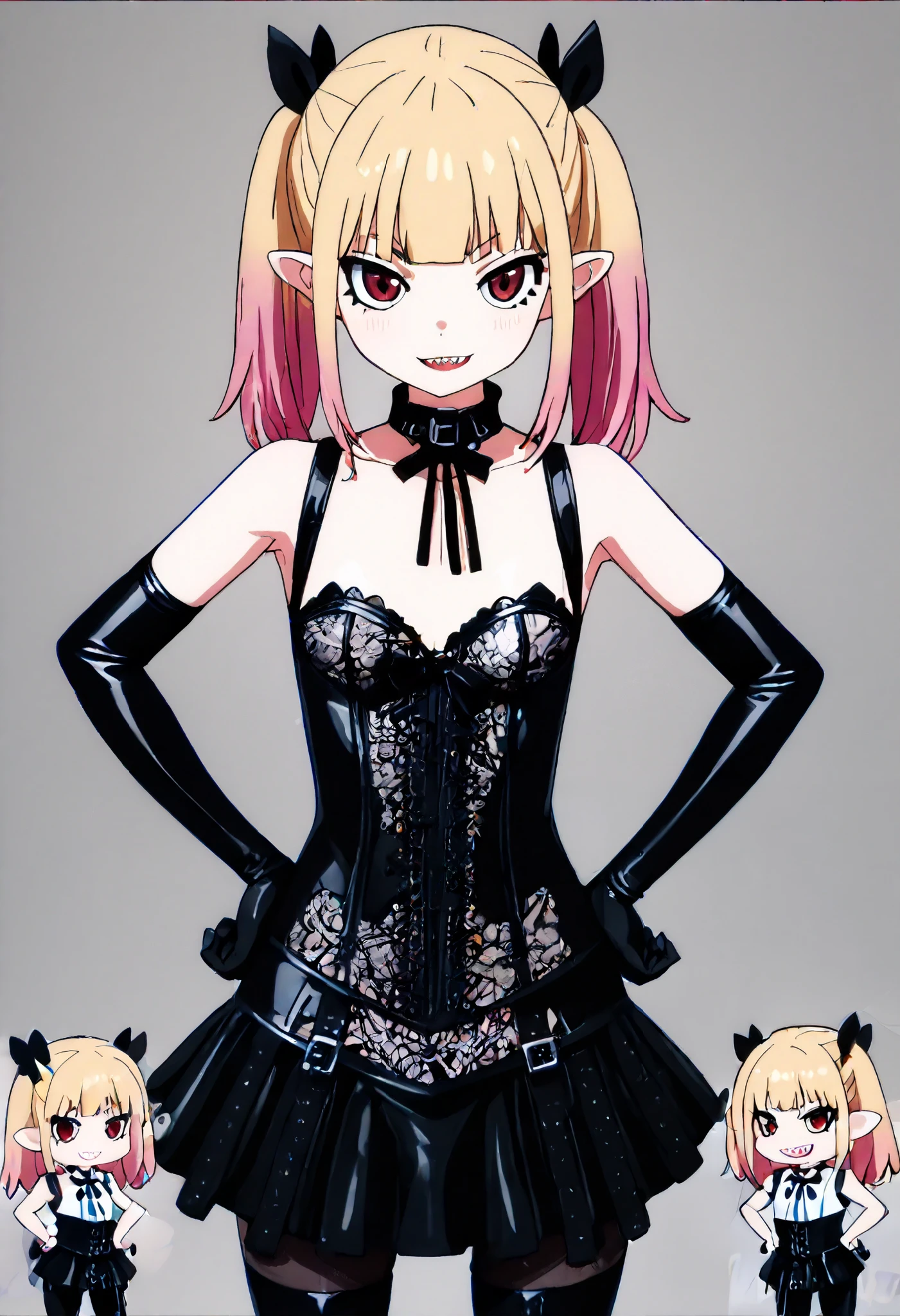 (((Chibi)))、((( short)))、(((Child body type)))、(((Small Bust)))、BDSM、Queen、mistress、(((One girl)))、(((solo:1.8)))、(((Black latex elbow gloves:1.4)))、((( black latex corset dress :1.4)))、((( THE CORSET DRESS IS DECORATED WITH BEAUTIFUL LACE)))、((( CORSET DRESS WITH SHOULDER STRAPS )))、((( BLACK LATEX TIGHT MINI SKIRT :1.4)))、((( Black Thigh-High Boots:1.4)))、(((Black rubber tights:1.2)))、((( stiletto heel boots:1.4)))、((( black latex high leg panties)))、(((Black latex bra)))、(((Black leather collar)))、((( sexy pose taken from the butt:1.4 )))、 wide thigh opening with one leg:1.2、((( erotic)))、((( cowboy shot)))、 close-up、((( place your hands on your hips)))、 beautiful eyes with highlights、Beautiful, smooth skin、Two perfect anatomical arms、 Anatomically Perfect 2 Legs 、(Four perfect fingers and one thumb)、(masterpiece,   Ultra Details, nothing ,8k),  1 girl ,Alone, viewers,   vanilla_Pest Control, white shirt, sharp teeth, smile, outdoor,Glare,