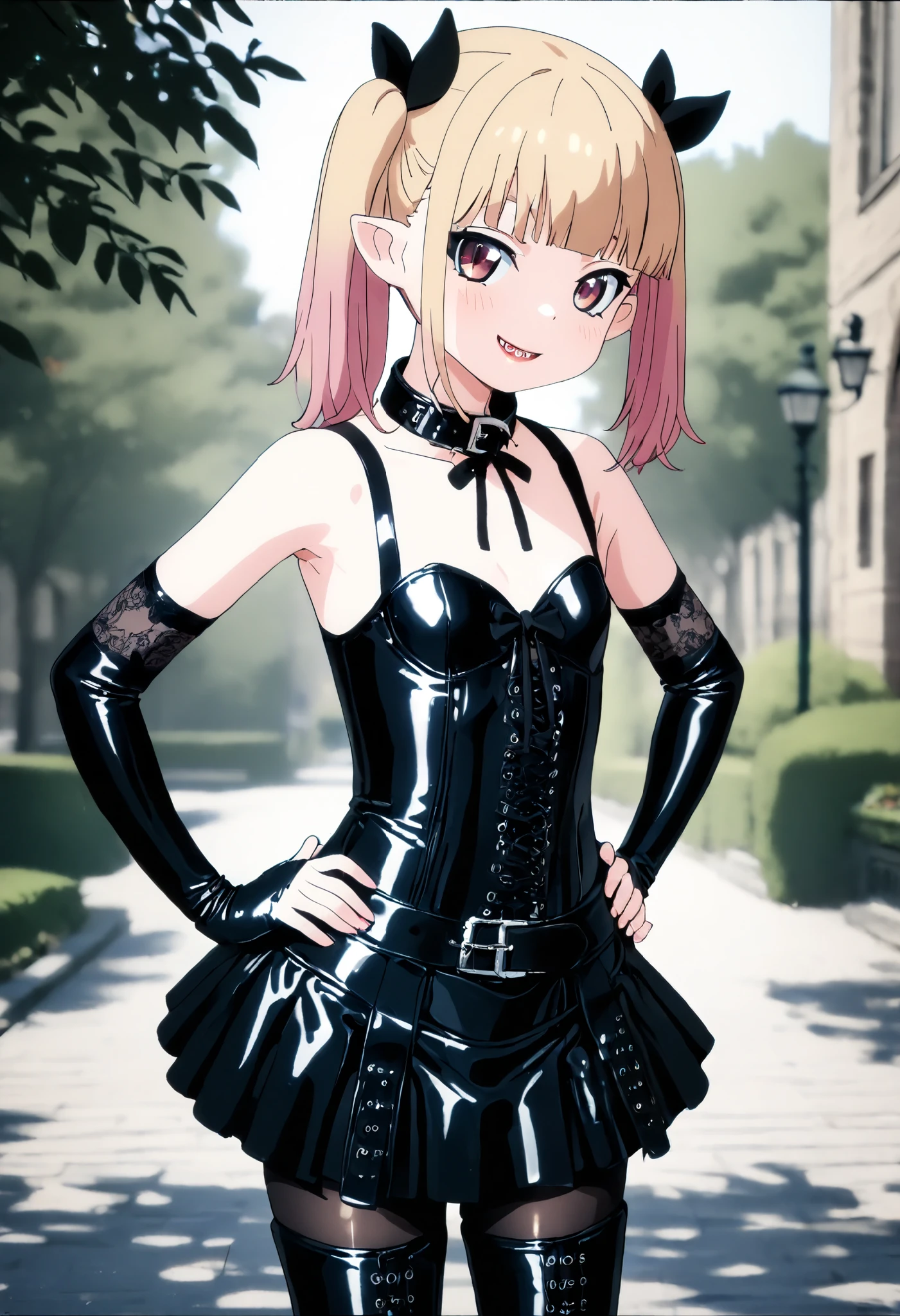 Chibi:1.8、((( short)))、(((Child body type)))、(((Small Bust)))、BDSM、Queen、mistress、(((One girl)))、(((solo:1.8)))、(((Black latex elbow gloves:1.4)))、((( black latex corset dress :1.4)))、((( THE CORSET DRESS IS DECORATED WITH BEAUTIFUL LACE)))、((( CORSET DRESS WITH SHOULDER STRAPS )))、((( BLACK LATEX TIGHT MINI SKIRT :1.4)))、((( Black Thigh-High Boots:1.4)))、(((Black rubber tights:1.2)))、((( stiletto heel boots:1.4)))、((( black latex high leg panties)))、(((Black latex bra)))、(((Black leather collar)))、((( sexy pose taken from the butt:1.4 )))、 wide thigh opening with one leg:1.2、((( erotic)))、((( cowboy shot)))、 close-up、((( place your hands on your hips)))、 beautiful eyes with highlights、Beautiful, smooth skin、Two perfect anatomical arms、 Anatomically Perfect 2 Legs 、(Four perfect fingers and one thumb)、(masterpiece,   Ultra Details, nothing ,8k),  1 girl ,Alone, viewers,   vanilla_Pest Control, white shirt, sharp teeth, smile, outdoor,Glare,