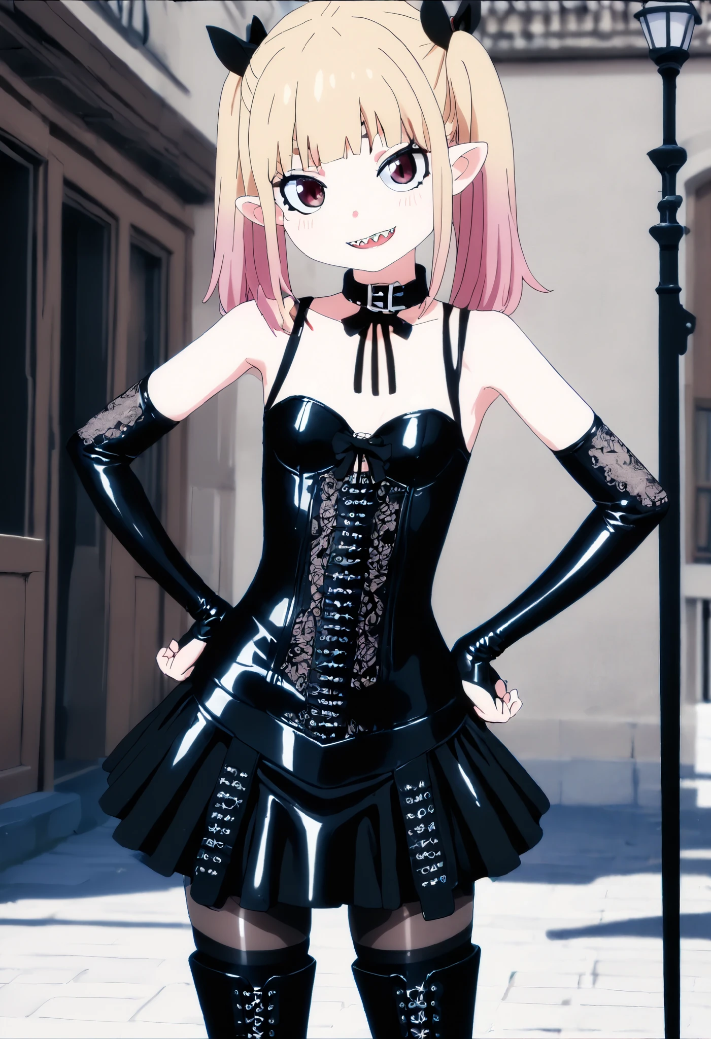 Chibi:1.8、((( short)))、(((Child body type)))、(((Small Bust)))、BDSM、Queen、mistress、(((One girl)))、(((solo:1.8)))、(((Black latex elbow gloves:1.4)))、((( black latex corset dress :1.4)))、((( THE CORSET DRESS IS DECORATED WITH BEAUTIFUL LACE)))、((( CORSET DRESS WITH SHOULDER STRAPS )))、((( BLACK LATEX TIGHT MINI SKIRT :1.4)))、((( Black Thigh-High Boots:1.4)))、(((Black rubber tights:1.2)))、((( stiletto heel boots:1.4)))、((( black latex high leg panties)))、(((Black latex bra)))、(((Black leather collar)))、((( sexy pose taken from the butt:1.4 )))、 wide thigh opening with one leg:1.2、((( erotic)))、((( cowboy shot)))、 close-up、((( place your hands on your hips)))、 beautiful eyes with highlights、Beautiful, smooth skin、Two perfect anatomical arms、 Anatomically Perfect 2 Legs 、(Four perfect fingers and one thumb)、(masterpiece,   Ultra Details, nothing ,8k),  1 girl ,Alone, viewers,   vanilla_Pest Control, white shirt, sharp teeth, smile, outdoor,Glare,