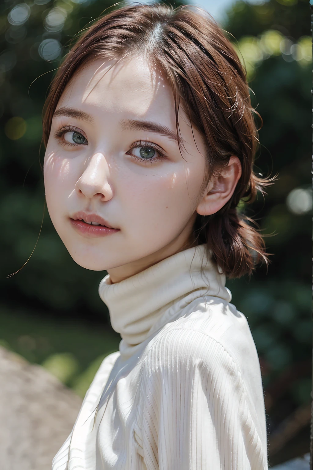  portrait photo 、 professional photos、The background is blurred、 one adult female、(flat chest, slim body)、chest up、(from front)、she is looking at viewer、(Tight turtleneck sweater)、Lush green park