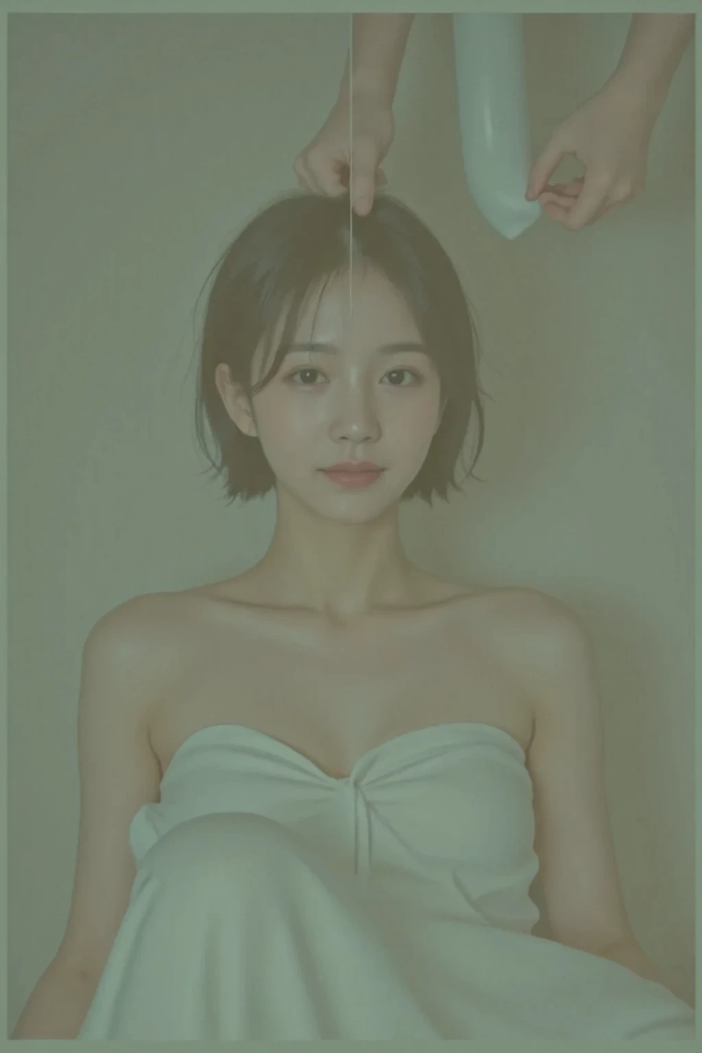 SPLIT INTO TWO SCREENS. Two same k-pop female star. Vertical Line in the middle of the screen. Left and right. Before sex vs during orgasm. Towel on vs completely naked. Sitting alone vs Being tickled by a man