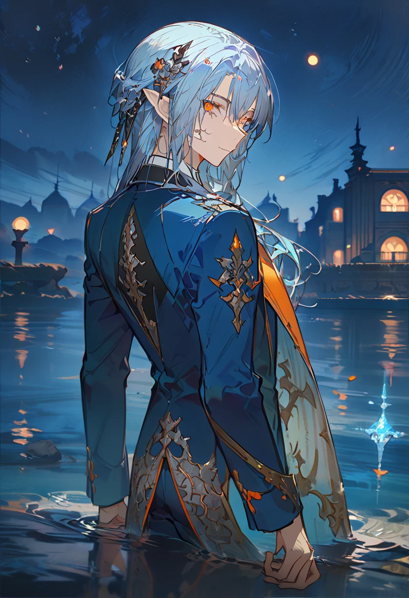 masterpiece, best quality, 8k ,4k , male, ((1 male), (fin ears), (pale blue hair), (long hair), (bright orange eyes), (hair ornament), (finely detailed eyes and detailed face)), looking at viewer, ((night blue coat), (silver patterned clothes), (neat clothes), (formal), (fantasy clothes)) sharp looks, on top of water, sea background inspired by Asukaziye artist : ask, art style : ask