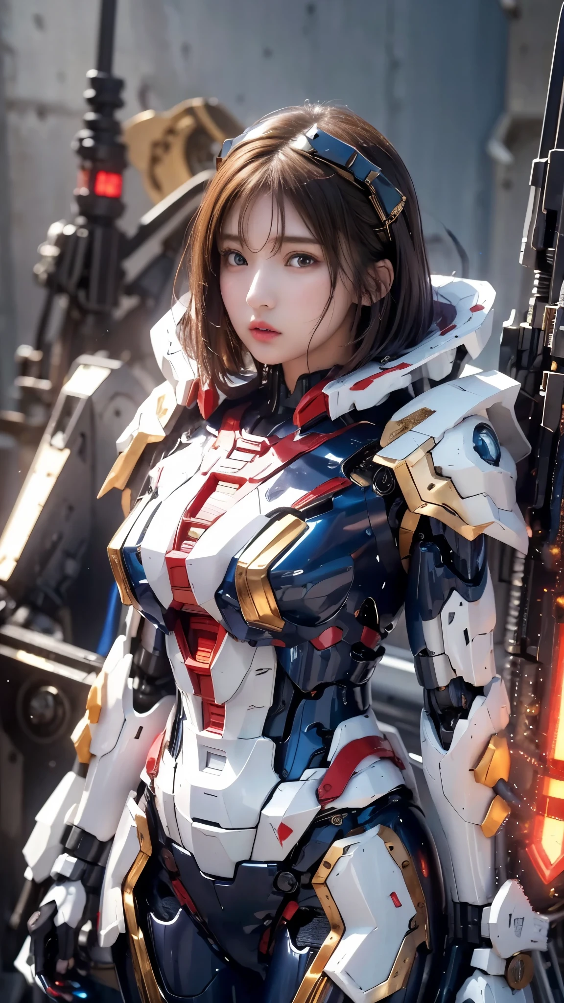 textured skin , super detailed , attention to detail, High Quality , 最 High Quality , high res, 1080P, hard disk , beautiful,(Gundam Girl), beautifulサイボーグの女性, mecha cyborg girl,BATTLE MODE,Japanese girl with a machine body 、Moderate bust、 black hair、 shortcuts,She is wearing an old style Gundam mecha 、White, blue, red and yellow body color、 Fine Decorations 、Illuminating parts、Hold up an official shield、