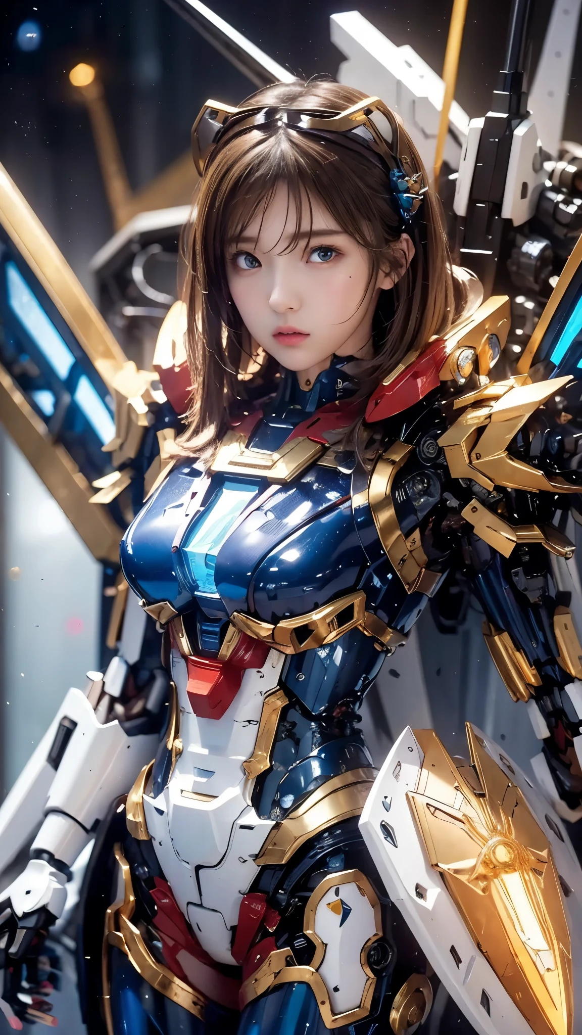 textured skin , super detailed , attention to detail, High Quality , 最 High Quality , high res, 1080P, hard disk , beautiful,(Gundam Girl), beautifulサイボーグの女性, mecha cyborg girl,BATTLE MODE,Japanese girl with a machine body 、Moderate bust、 black hair、 shortcuts,She is wearing an old style Gundam mecha 、White, blue, red and yellow body color、 Fine Decorations 、Illuminating parts、Hold up an official shield、