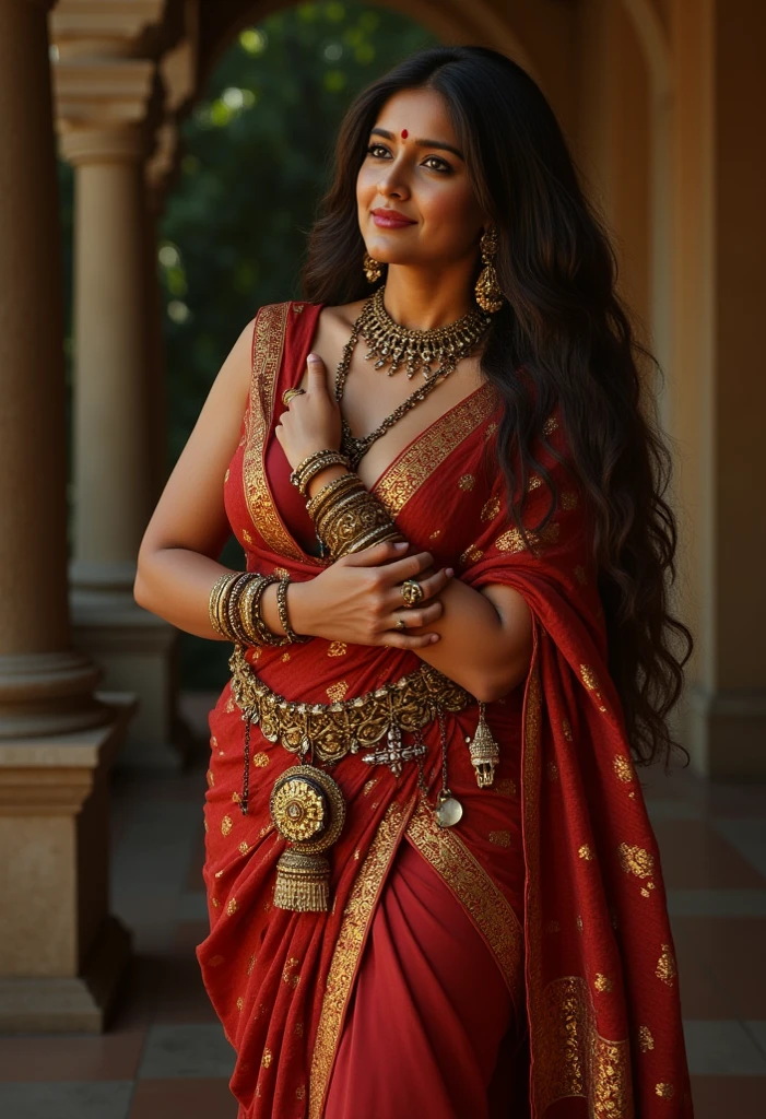  14th century old beautiful Indian goddess, traditional clothes, no bra or blouse underneath,exposed breasts,  gold ornaments, medium natural breast, stretching forwards sweat over forehead and chest, sensuous look towards the camera , sweaty, moist, 